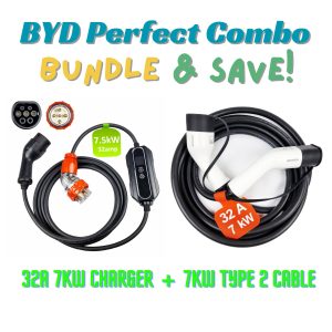 INCHARGEx BYD Perfect Combo 32A 5pin Single Phase 7kW Portable EV Charger & 32A 7kW Type 2 to Type 2 Charging Cable